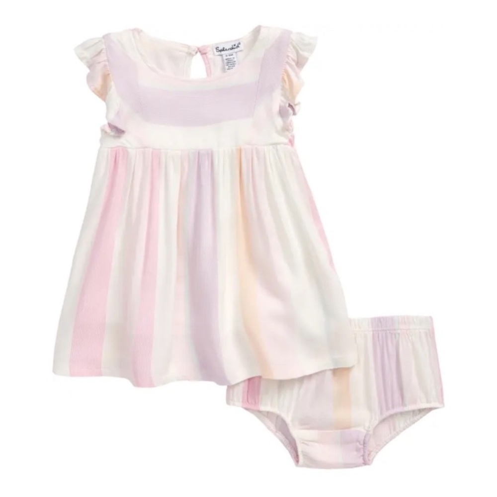 Splendid Infant Striped Glittery Cotton Pastel Ruffle Dress w/ Bloomers